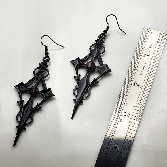 Red Jeweled Black Pointed Cross Earrings - Picture 3 of 3